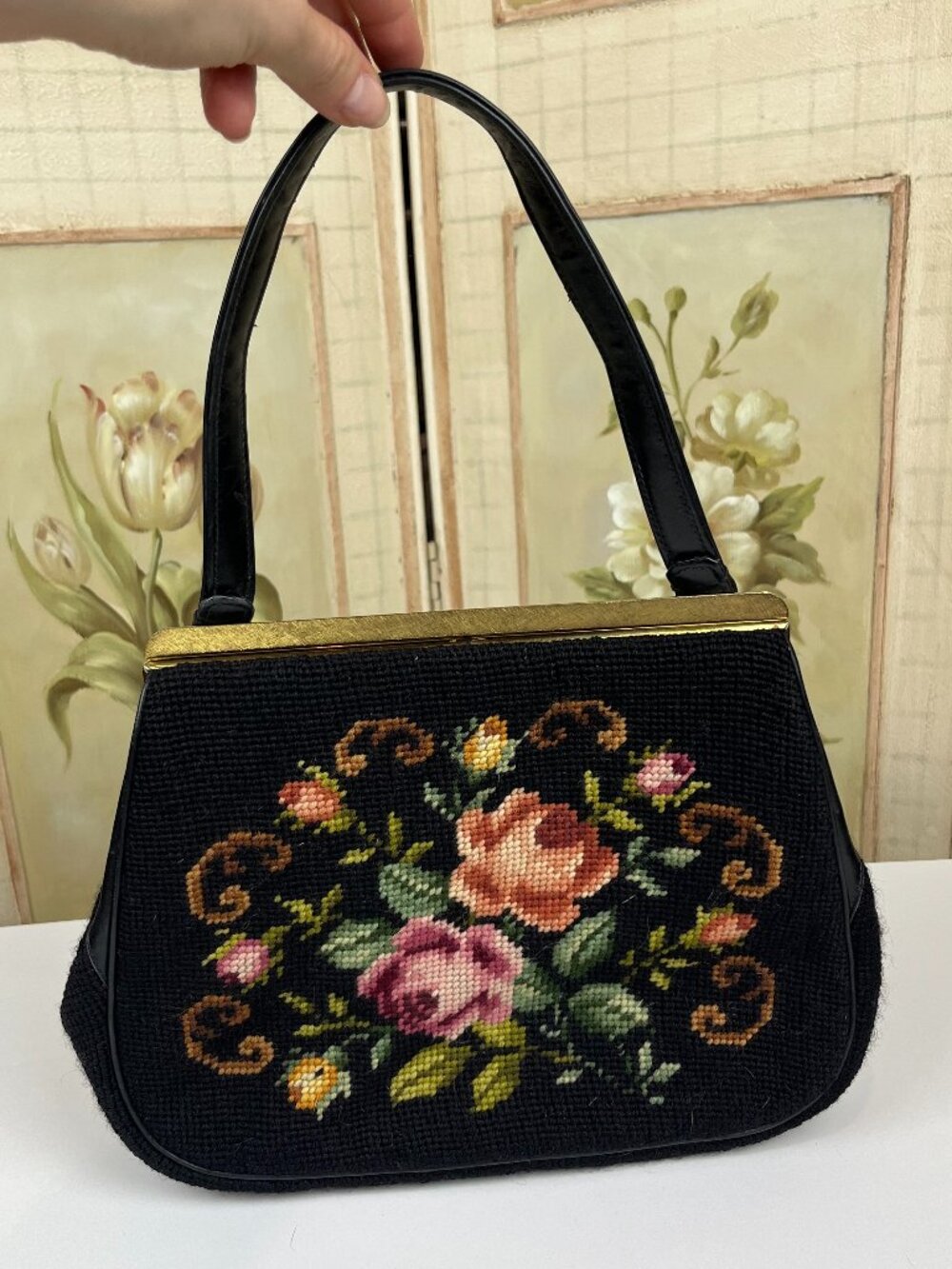 1950s Floral Needlepoint Purse, Black